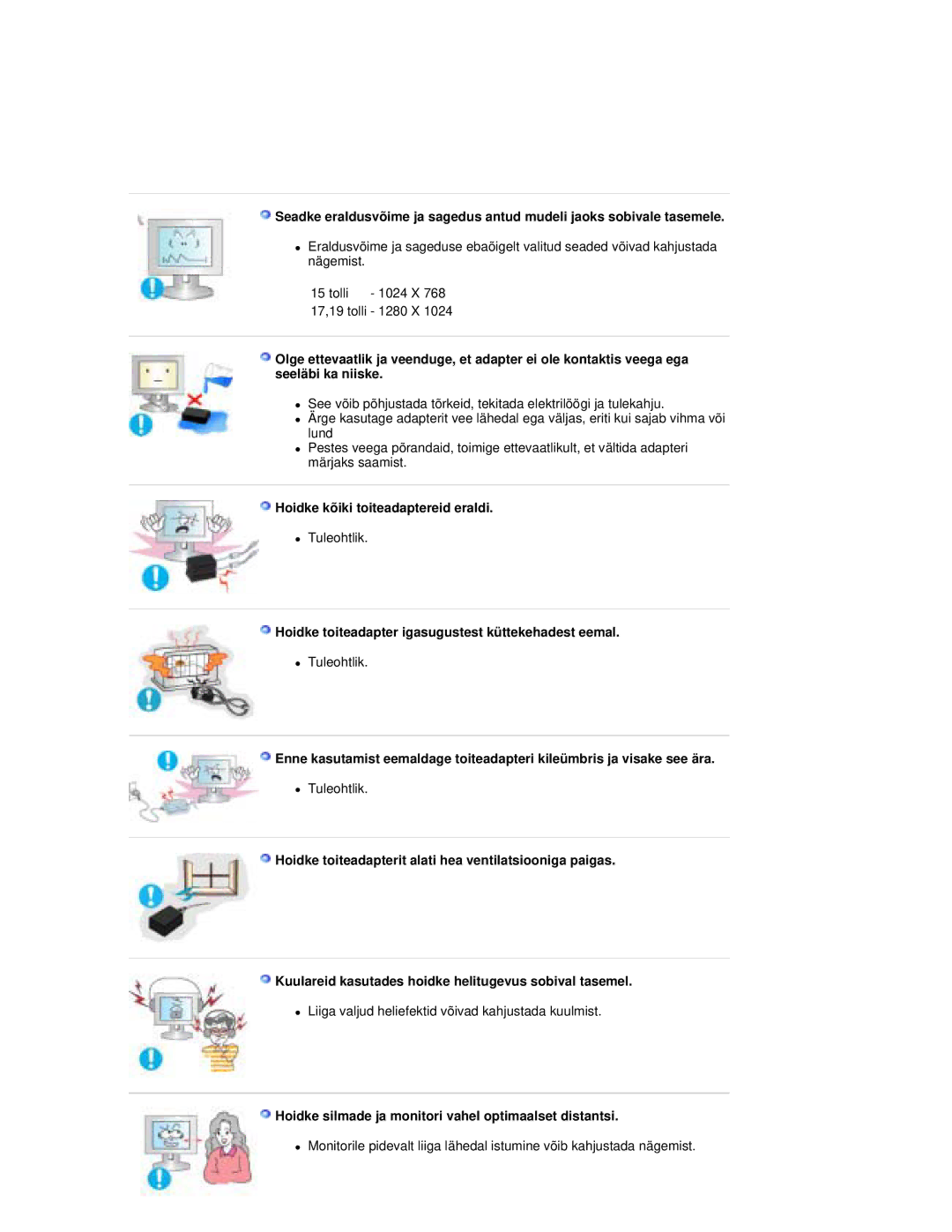 Samsung RL17ESQSB/EDC manual Hoidke kõiki toiteadaptereid eraldi, Hoidke toiteadapter igasugustest küttekehadest eemal 