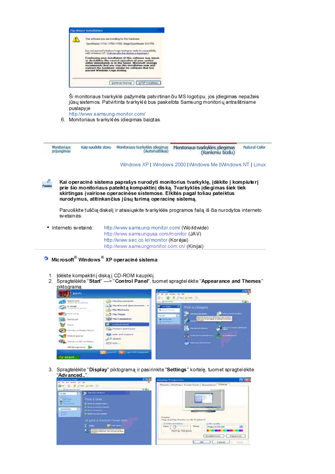 Samsung RL19PSUSQ/EDC, RL17PSQSQ/EDC, RL17ESQSB/EDC, RL19PSQSQ/EDC, RL17ESUSB/EDC manual Microsoft Windows XP operacinơ sistema 