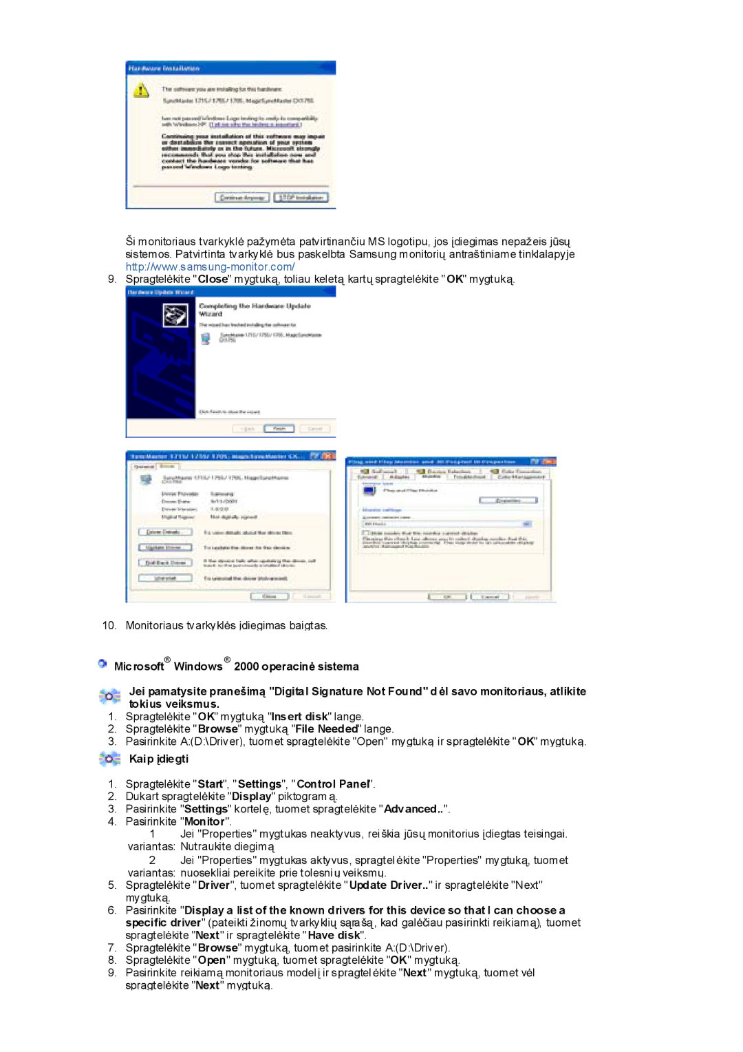 Samsung RL17ESQSB/EDC, RL19PSUSQ/EDC, RL17PSQSQ/EDC, RL19PSQSQ/EDC Kaip Ƴdiegti Spragtelơkite Start, Settings, Control Panel 