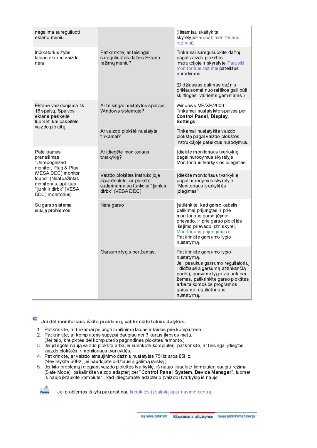 Samsung RL17ESQSB/EDC, RL19PSUSQ/EDC, RL17PSQSQ/EDC, RL19PSQSQ/EDC, RL17ESUSB/EDC manual Negalima sureguliuoti ekrano meniu 