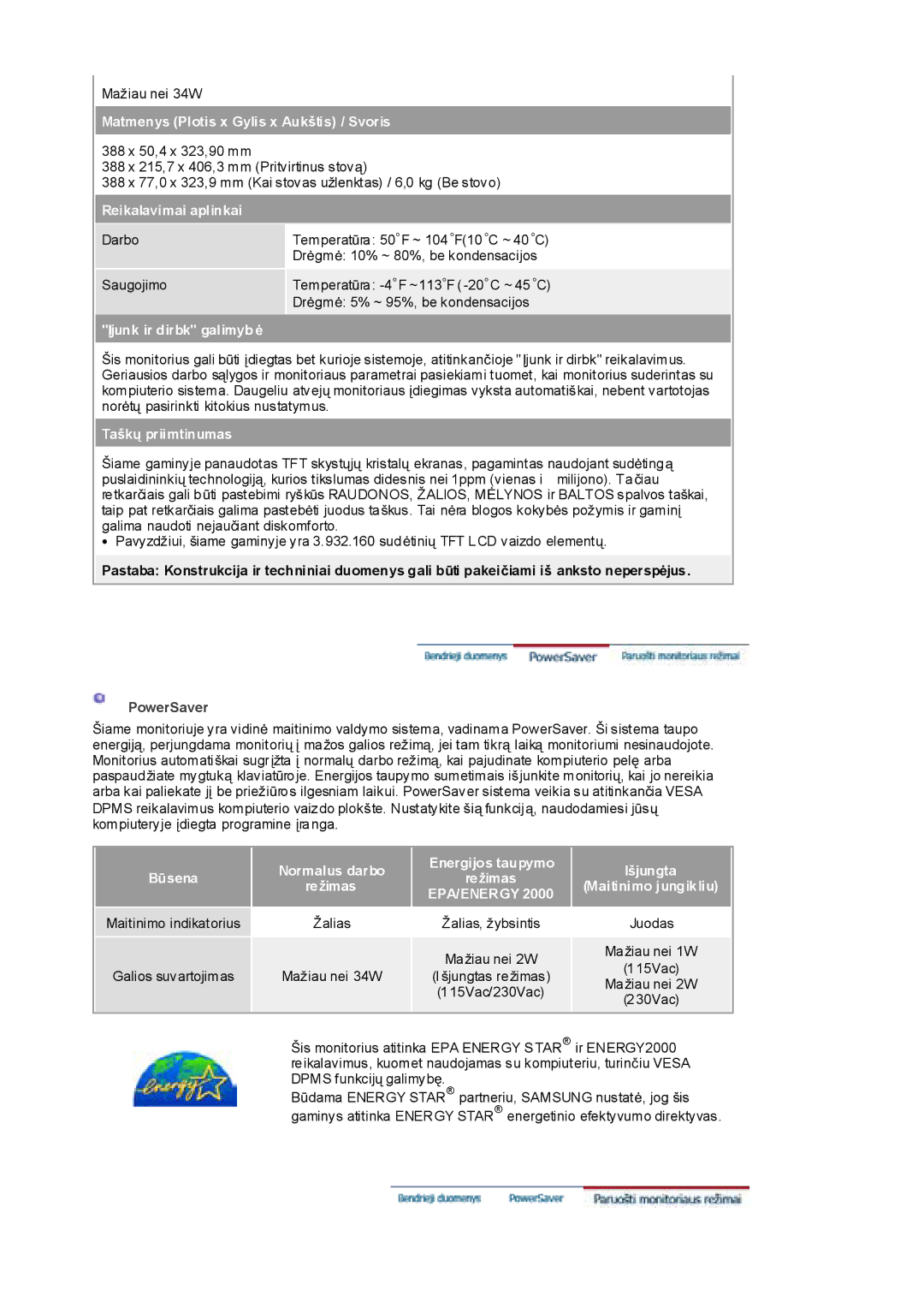 Samsung RL17PSQSQ/EDC manual Matmenys Plotis x Gylis x Aukštis / Svoris, Reikalavimai aplinkai, Ʋjunk ir dirbk galimyb ơ 