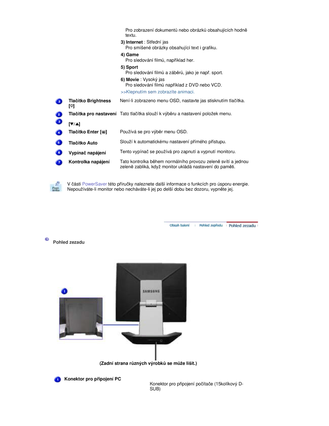 Samsung RL19PSQSQ/EDC, RL19PSUSQ/EDC, RL17PSQSQ/EDC, RL17ESQSB/EDC manual Game, Sport, Pohled zezadu 