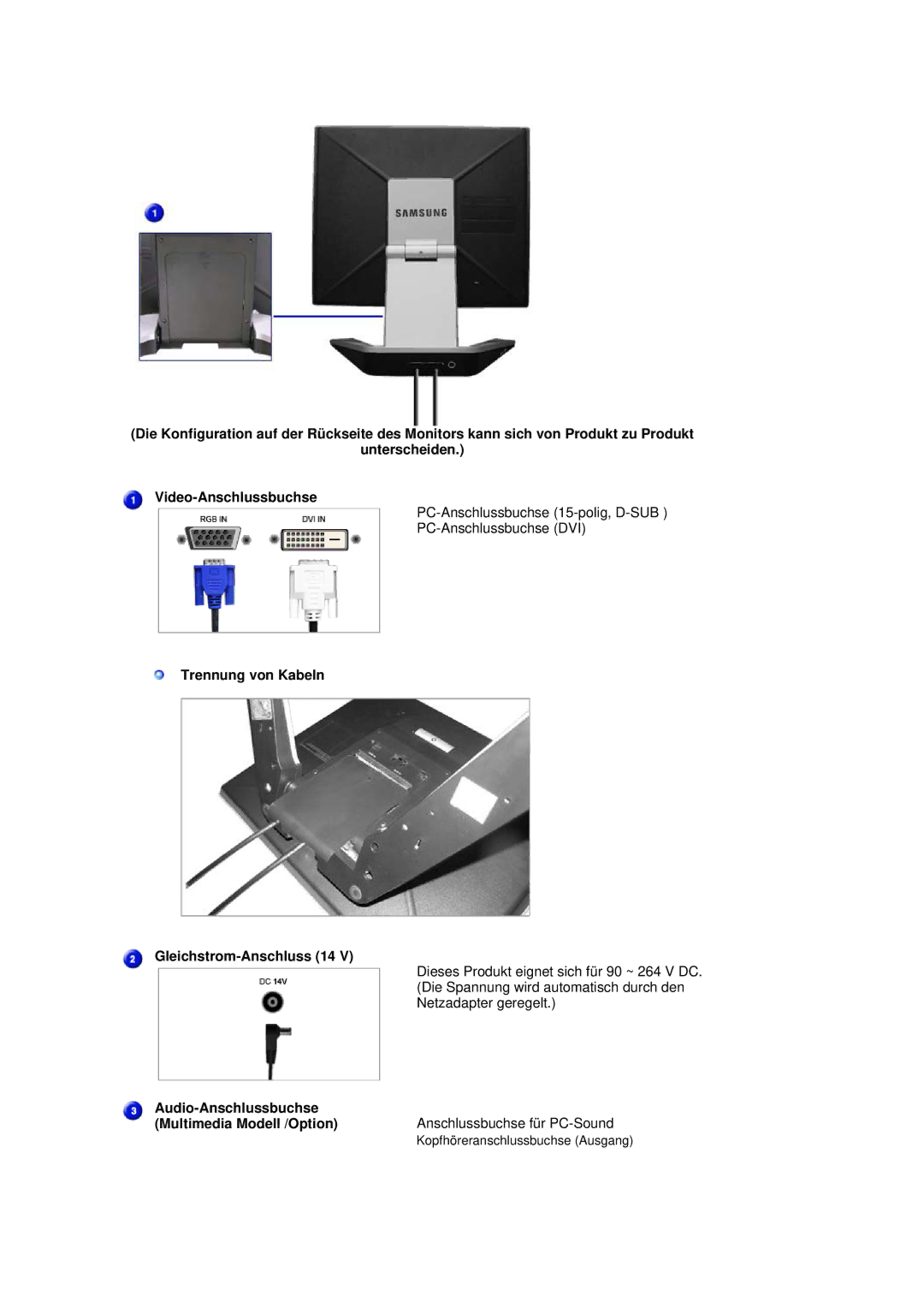 Samsung RL19PSUSQ/EDC, RL19PSQSQ/EDC manual Trennung von Kabeln Gleichstrom-Anschluss 14, Audio-Anschlussbuchse 