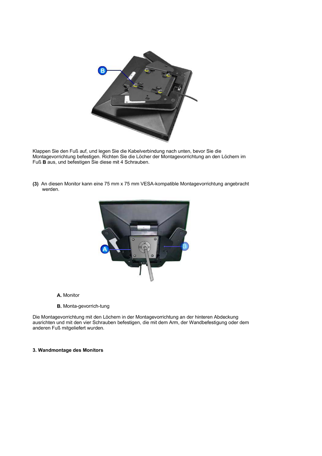 Samsung RL19PSQSQ/EDC, RL19PSUSQ/EDC manual Wandmontage des Monitors 