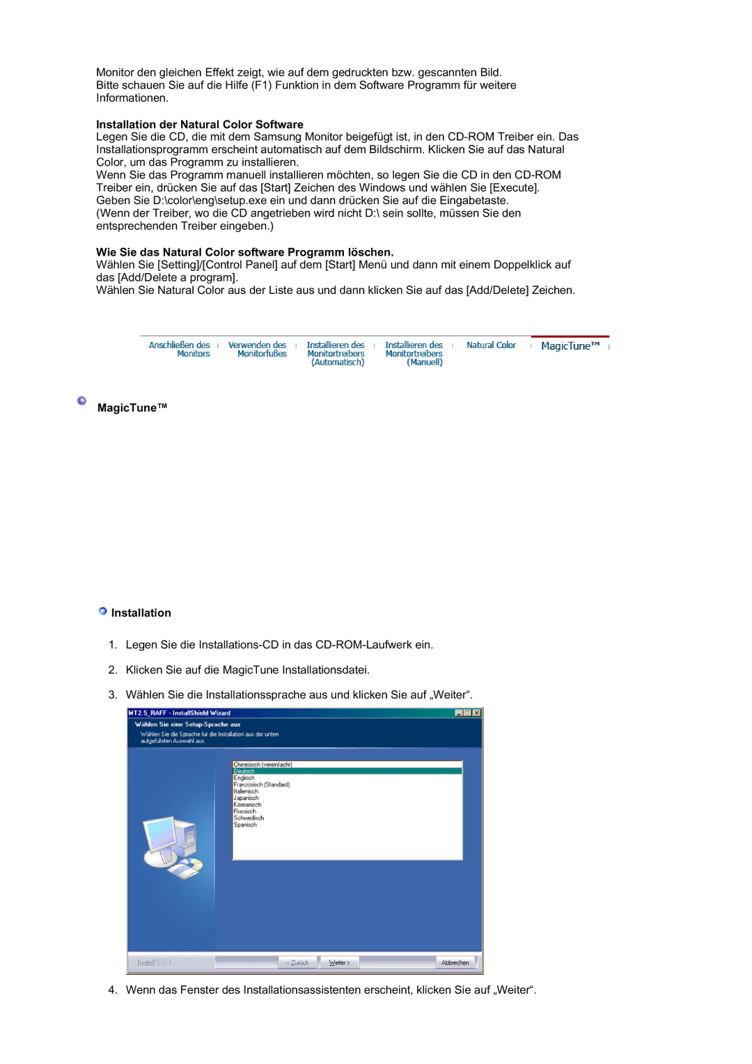 Samsung RL19PSQSQ/EDC manual Installation der Natural Color Software, Wie Sie das Natural Color software Programm löschen 