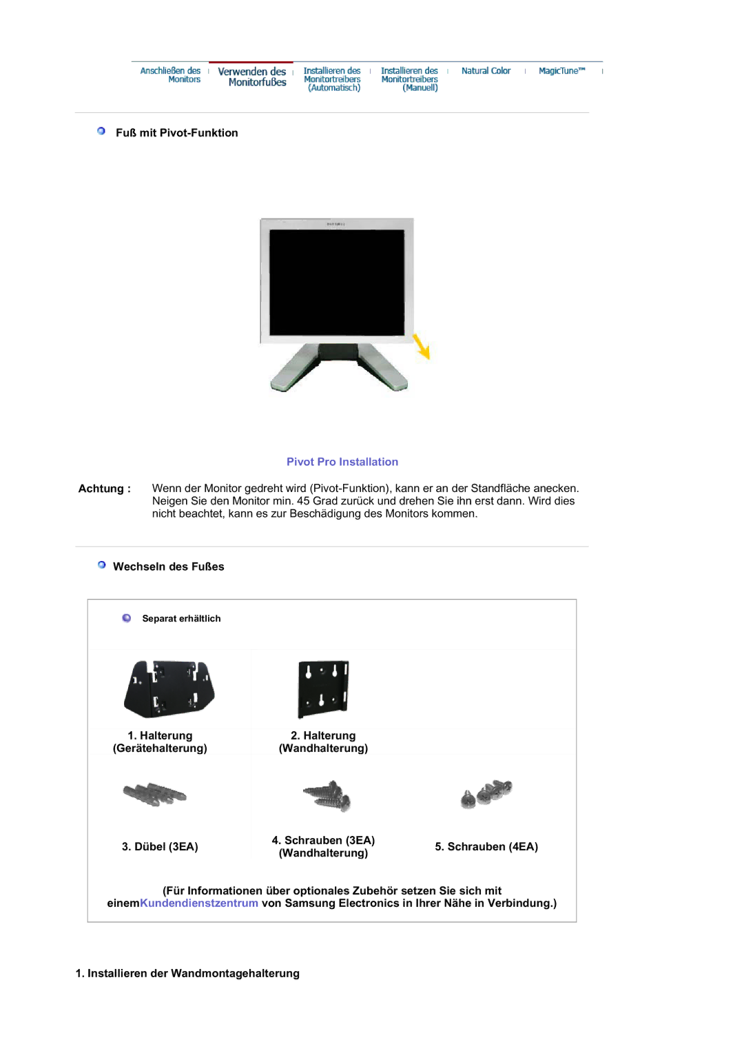 Samsung RL19PSQSQ/EDC, RL19PSUSQ/EDC manual Pivot Pro Installation 