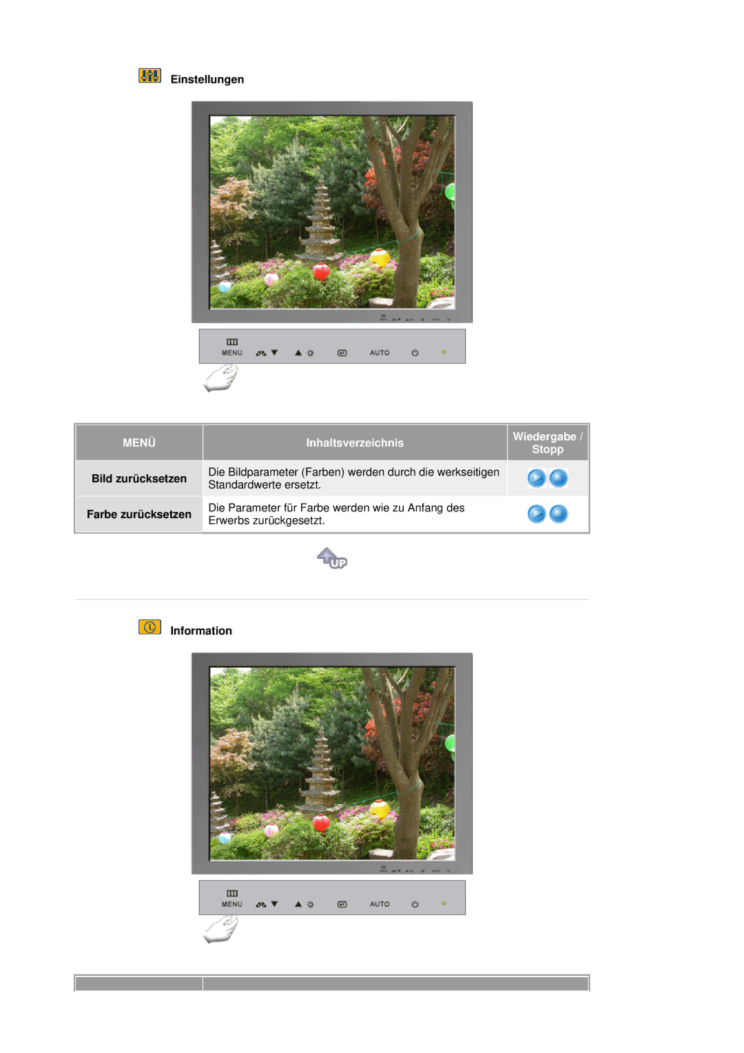 Samsung RL19PSUSQ/EDC, RL19PSQSQ/EDC manual Einstellungen, Bild zurücksetzen Farbe zurücksetzen, Information 