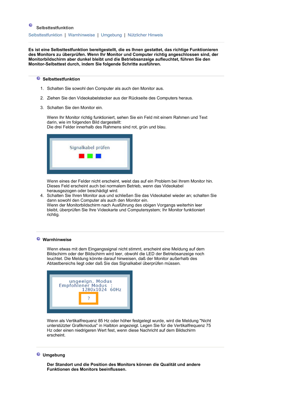 Samsung RL19PSUSQ/EDC, RL19PSQSQ/EDC manual Selbsttestfunktion, Warnhinweise 