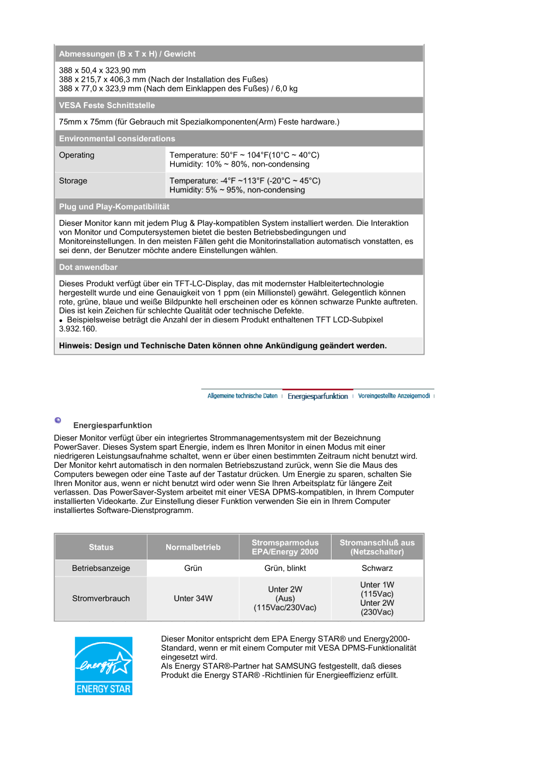 Samsung RL19PSUSQ/EDC, RL19PSQSQ/EDC manual Abmessungen B x T x H / Gewicht, Energiesparfunktion 