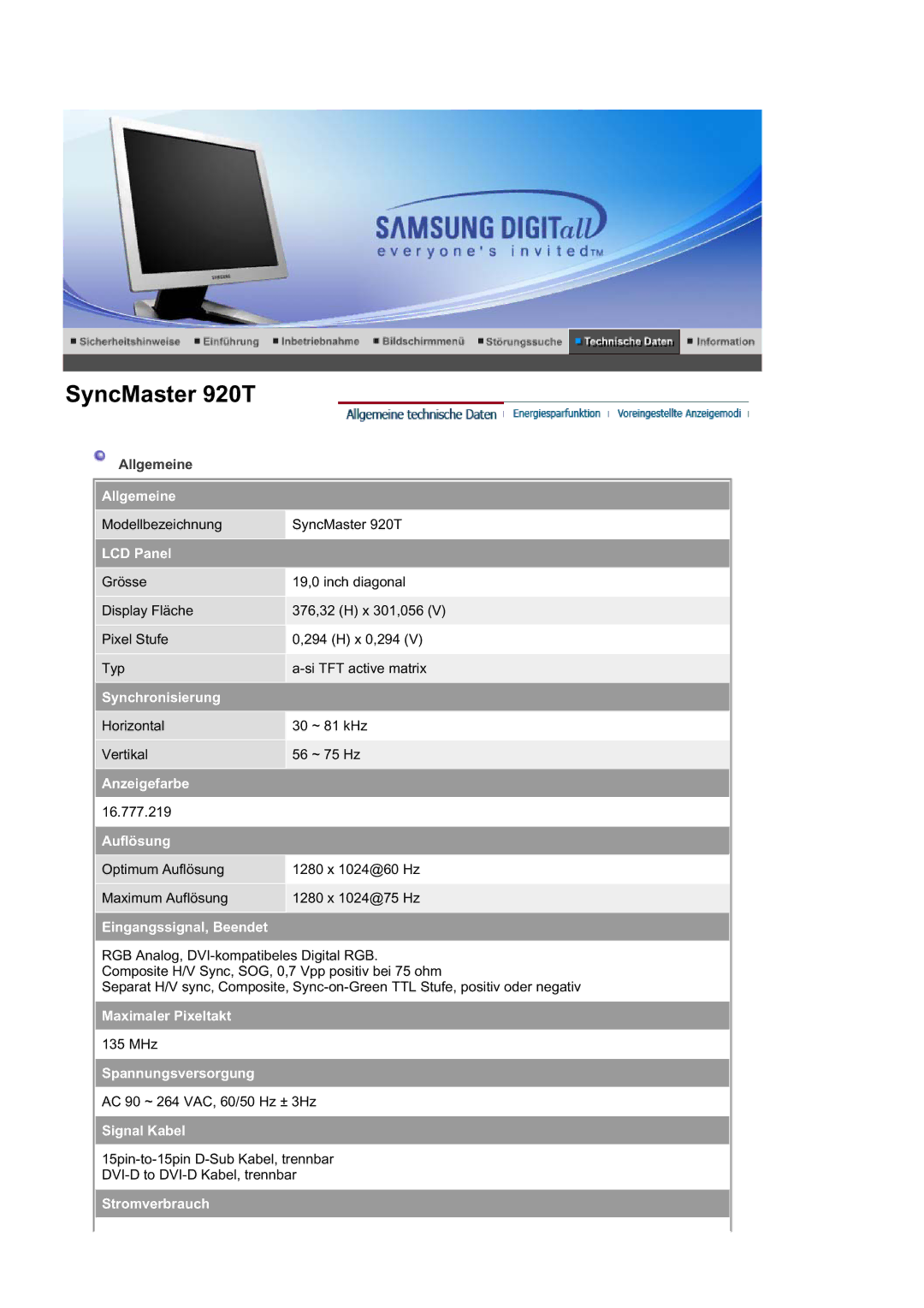 Samsung RL19PSQSQ/EDC, RL19PSUSQ/EDC manual SyncMaster 920T 