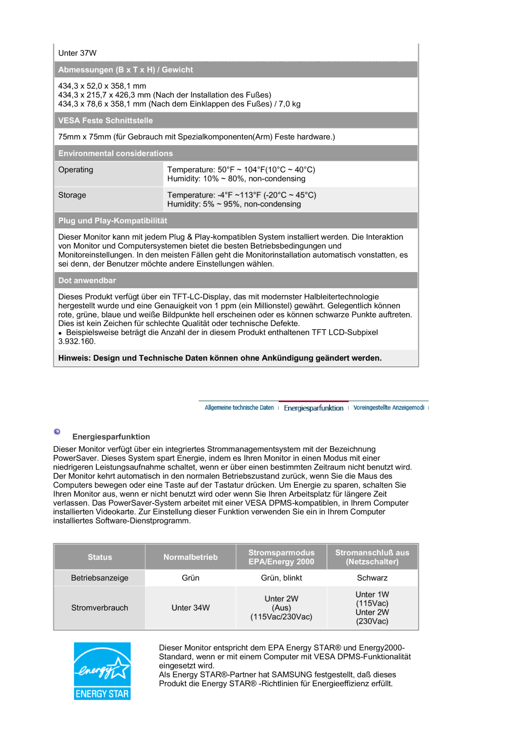 Samsung RL19PSUSQ/EDC, RL19PSQSQ/EDC manual Unter 37W 