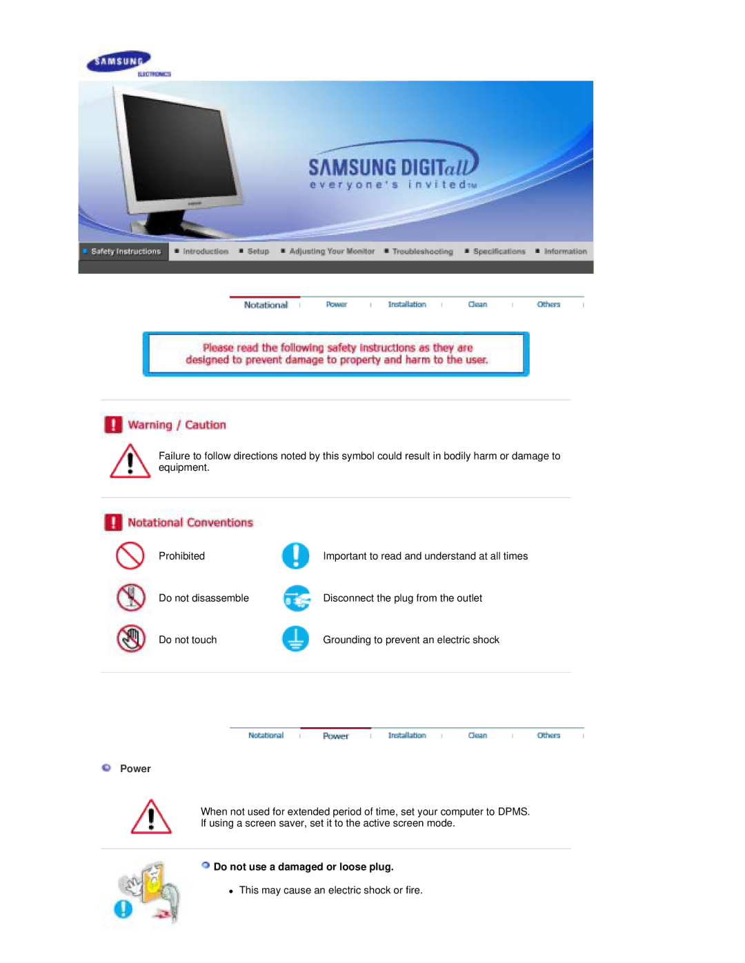 Samsung RL17ESUS/XSJ, RL19PSUSV/XSJ, RL17PSUSV/XSJ, RL17PSUSQ/EDC, RL19PSUSQ/EDC Power, Do not use a damaged or loose plug 