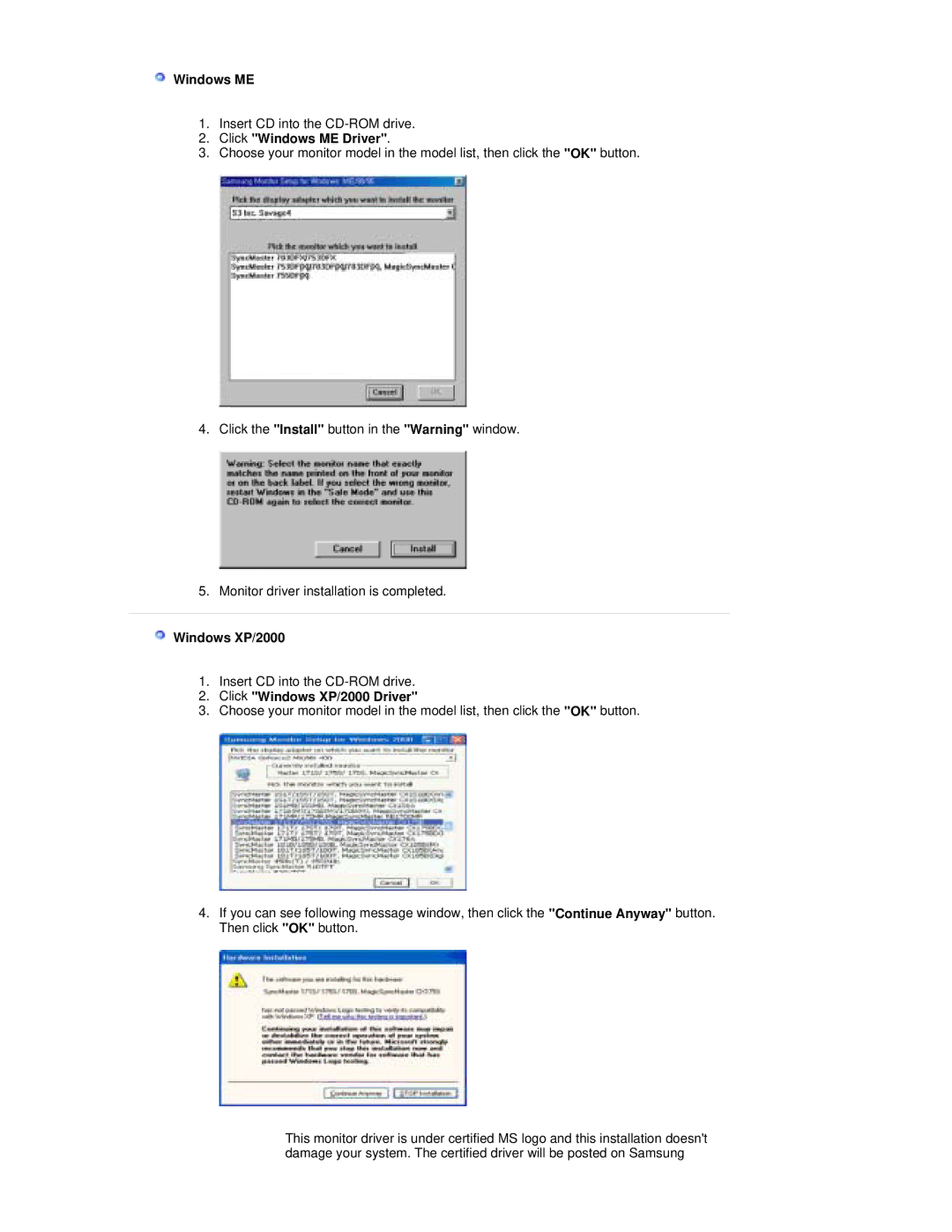 Samsung RL19PSQSQ/EDC, RL19PSUSV/XSJ, RL17PSUSV/XSJ manual Click Windows ME Driver, Click Windows XP/2000 Driver 