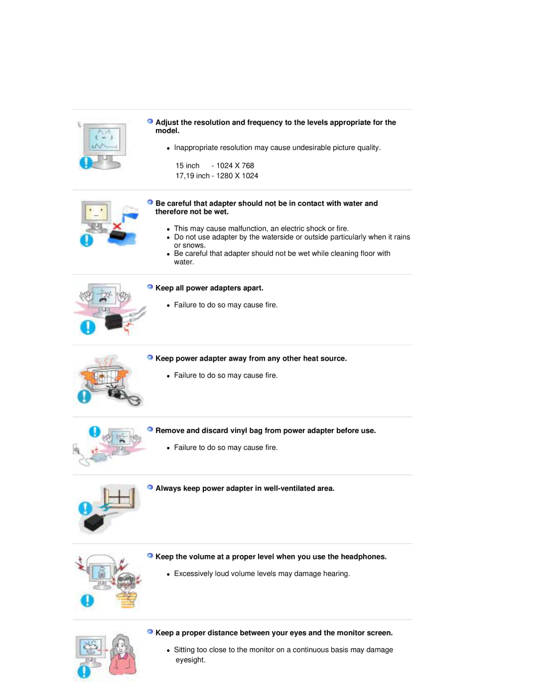 Samsung RL19PSQSQ/EDC, RL19PSUSV/XSJ Keep all power adapters apart, Keep power adapter away from any other heat source 