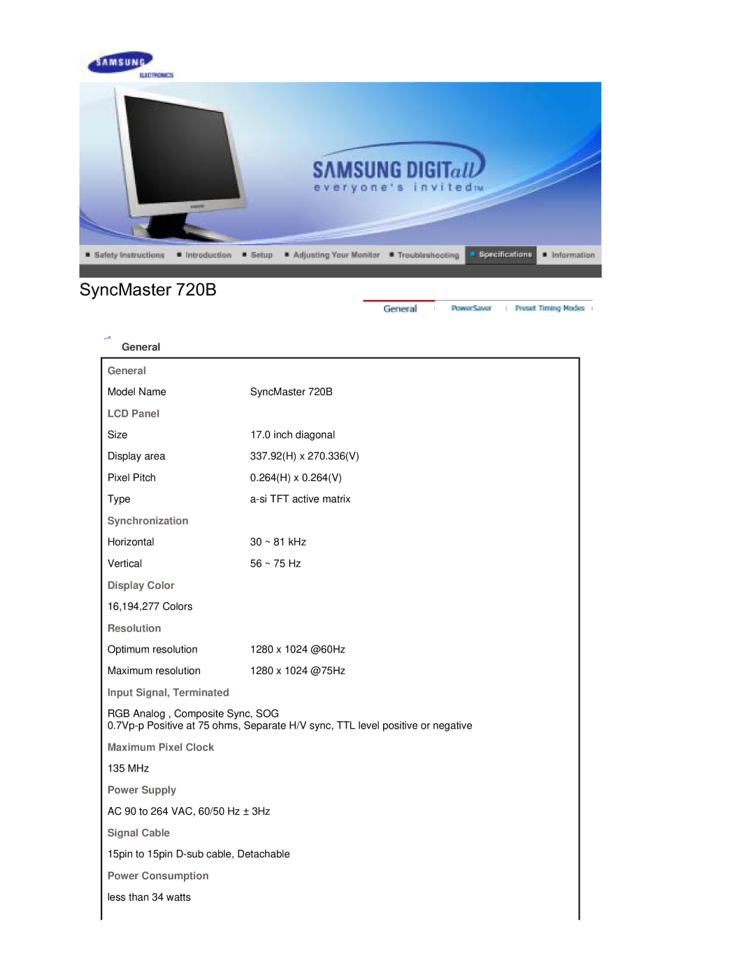 Samsung RL17PSQSQ/EDC manual General, LCD Panel, Synchronization, Display Color, Resolution, Input Signal, Terminated 