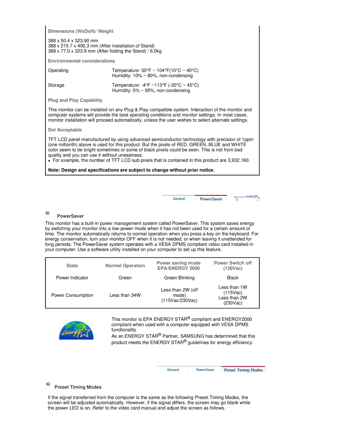 Samsung RL17ESQSB/EDC Dimensions WxDxH/ Weight, Environmental considerations, Plug and Play Capability, Dot Acceptable 