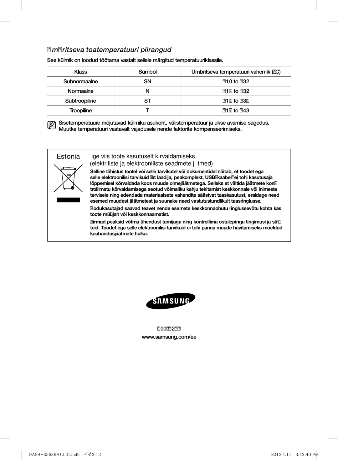 Samsung RL29THCMG1/XEF, RL23THCSW1/XEO, RL43THCSW1/EUR, RL23THCSW1/XEF, RL23THCMG1/XEF Ümbritseva toatemperatuuri piirangud 