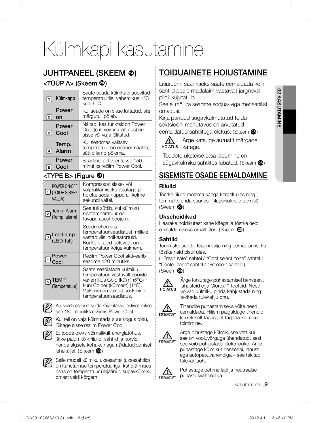 Samsung RL23THCMG1/XEF, RL23THCSW1/XEO manual Külmkapi kasutamine, Sisemiste Osade Eemaldamine, Tüüp a Skeem, Type B Figure 