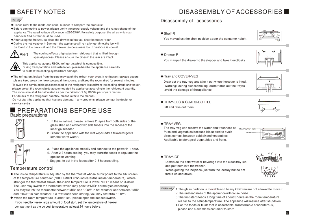 Samsung RL26DCSW1/XEK manual Preparations Before USE, Disassembly of Accessories, Basic preparations, Temperature control 