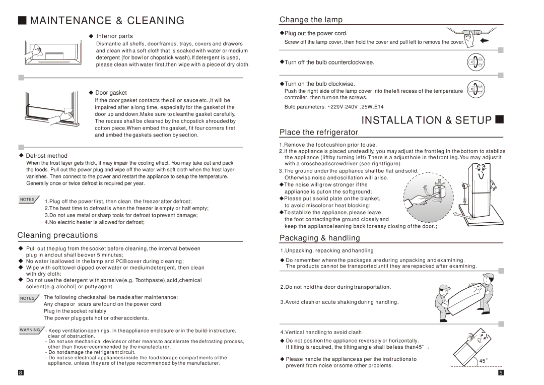 Samsung RL26DCSW1/BUS, RL24DCSW1/CCB, RL24FCAS1/BWT, RL24FCSW1/BWT manual Maintenance & Cleaning, Installation & Setup 