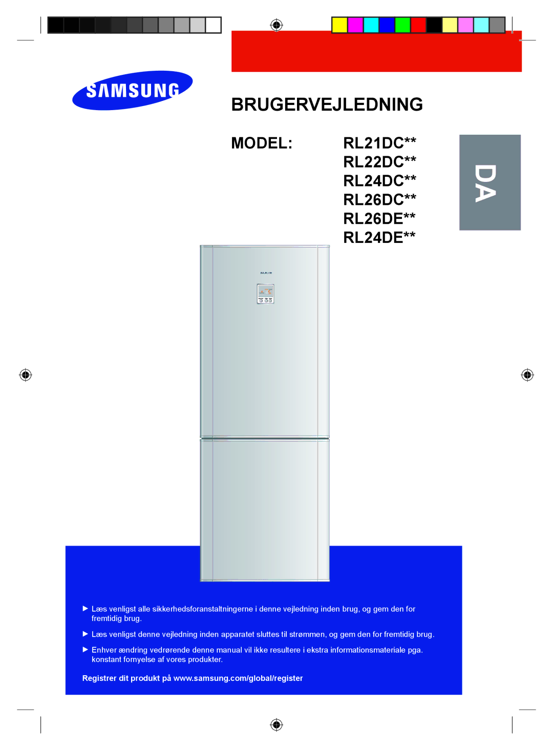 Samsung RL24DESW1/XEE manual Brugervejledning, Model RL21DC** RL22DC** RL24DC** RL26DC** RL26DE** RL24DE 