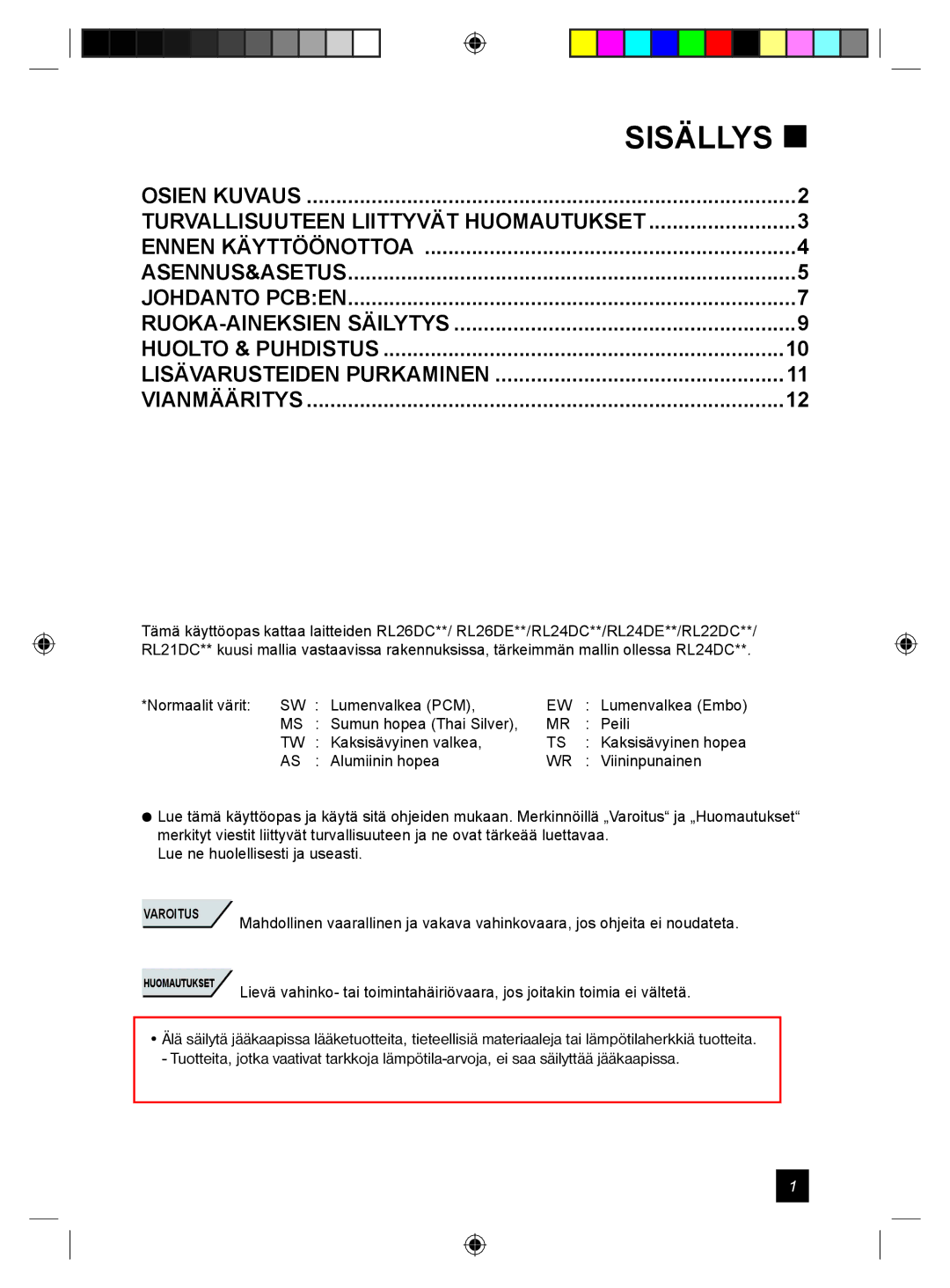 Samsung RL24DESW1/XEE manual Sisällys , Lisävarusteiden Purkaminen Vianmääritys 