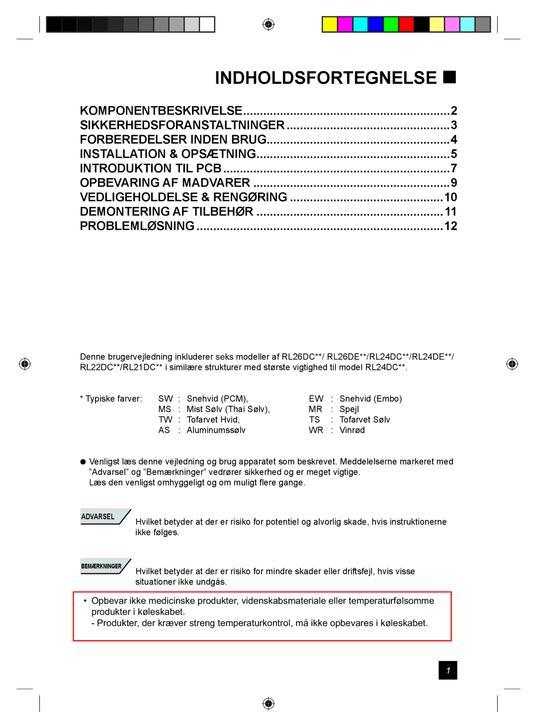 Samsung RL24DESW1/XEE manual Indholdsfortegnelse , Problemløsning 