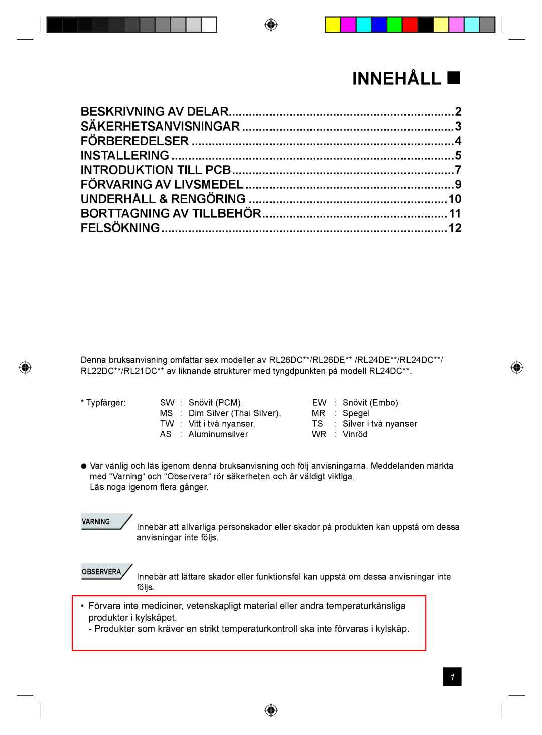 Samsung RL24DESW1/XEE manual Innehåll , Felsökning 