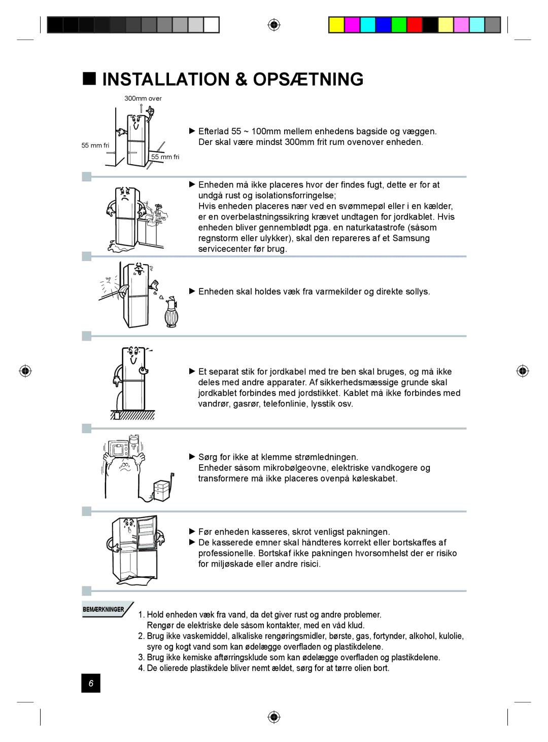 Samsung RL24DESW1/XEE manual  Installation & Opsætning, Rengør de elektriske dele såsom kontakter, med en våd klud 