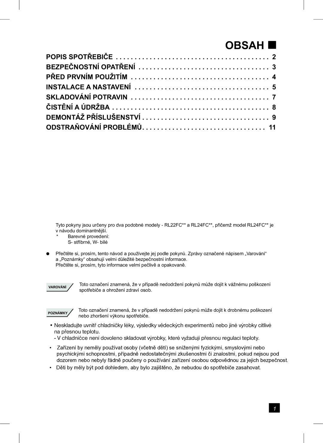 Samsung RL24FCAS1/XEH manual Obsah  