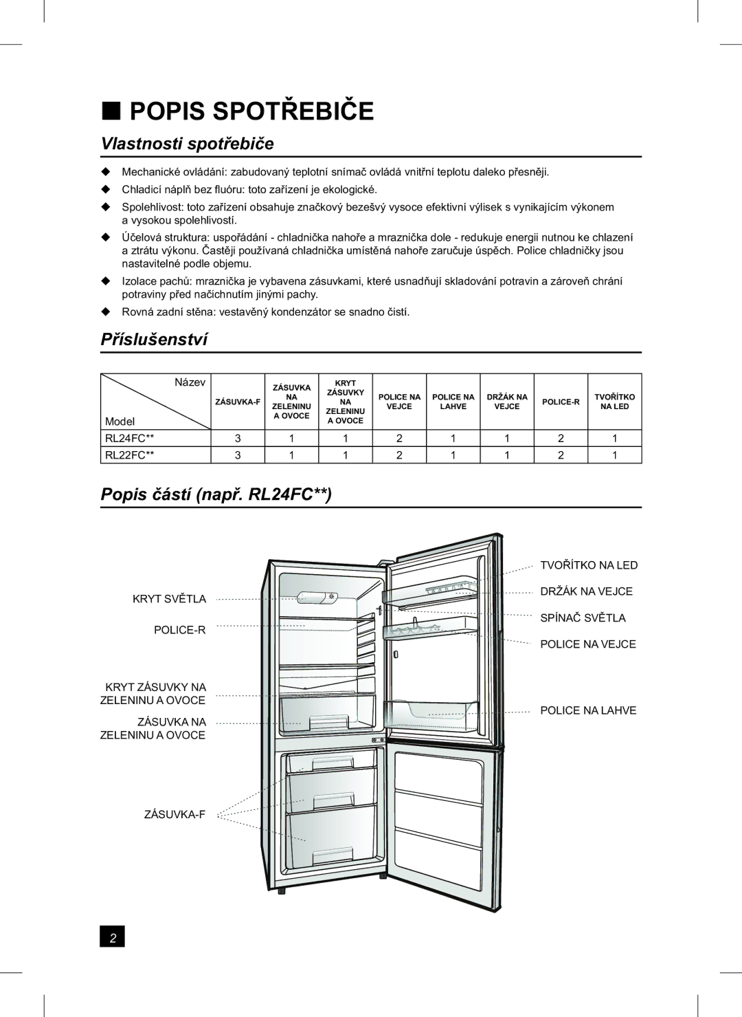 Samsung RL24FCAS1/XEH manual Popis Spotřebiče, Vlastnosti spotřebiče, Příslušenství, Popis částí např. RL24FC 