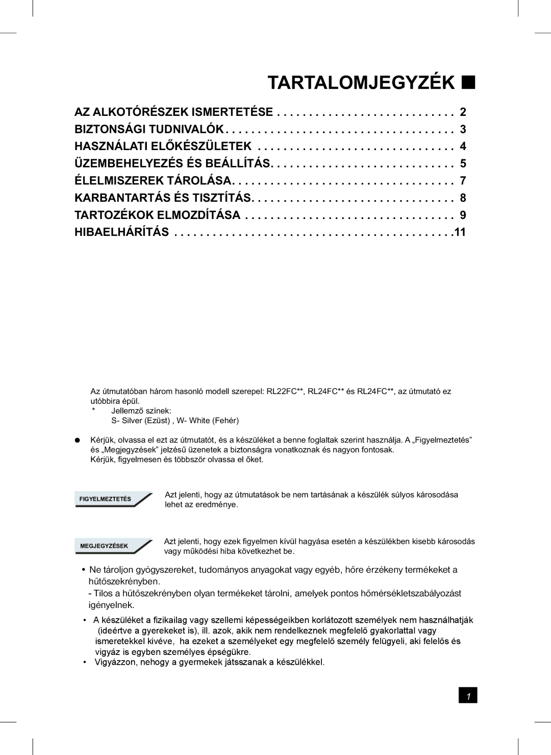 Samsung RL24FCAS1/XEH manual Tartalomjegyzék 