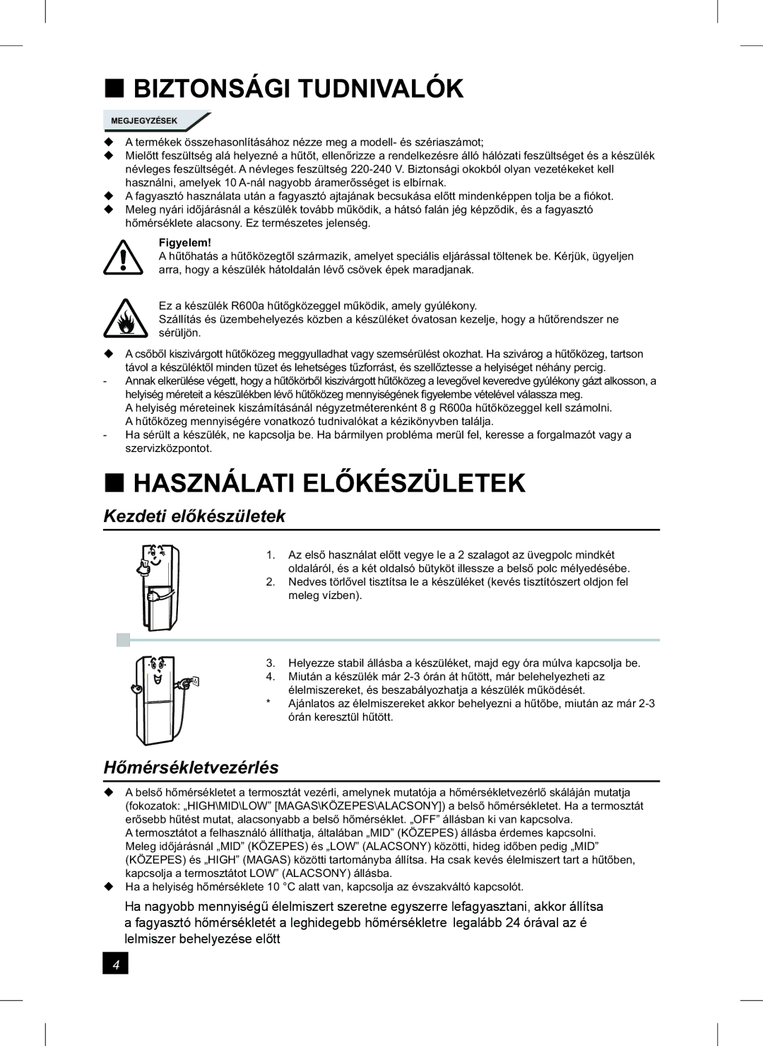 Samsung RL24FCAS1/XEH manual Használati Előkészületek, Kezdeti előkészületek, Hőmérsékletvezérlés 