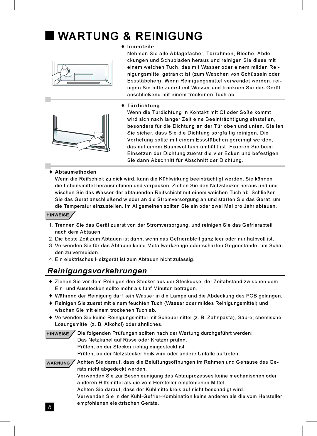 Samsung RL24FCSW1/XEG, RL24FCAS1/XEG Wartung & Reinigung, Reinigungsvorkehrungen, Innenteile, Türdichtung, Abtaumethoden 