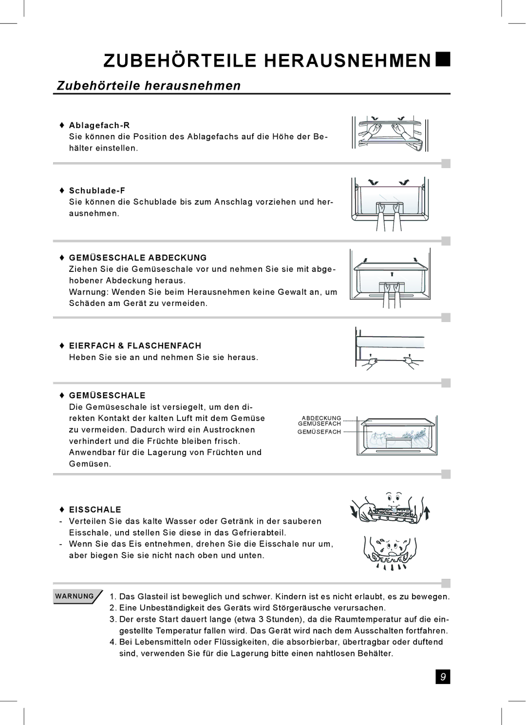 Samsung RL24FCAS1/XEG, RL24FCSW1/XEG manual Zubehörteile Herausnehmen, Zubehörteile herausnehmen, Ablagefach-R, Schublade-F 