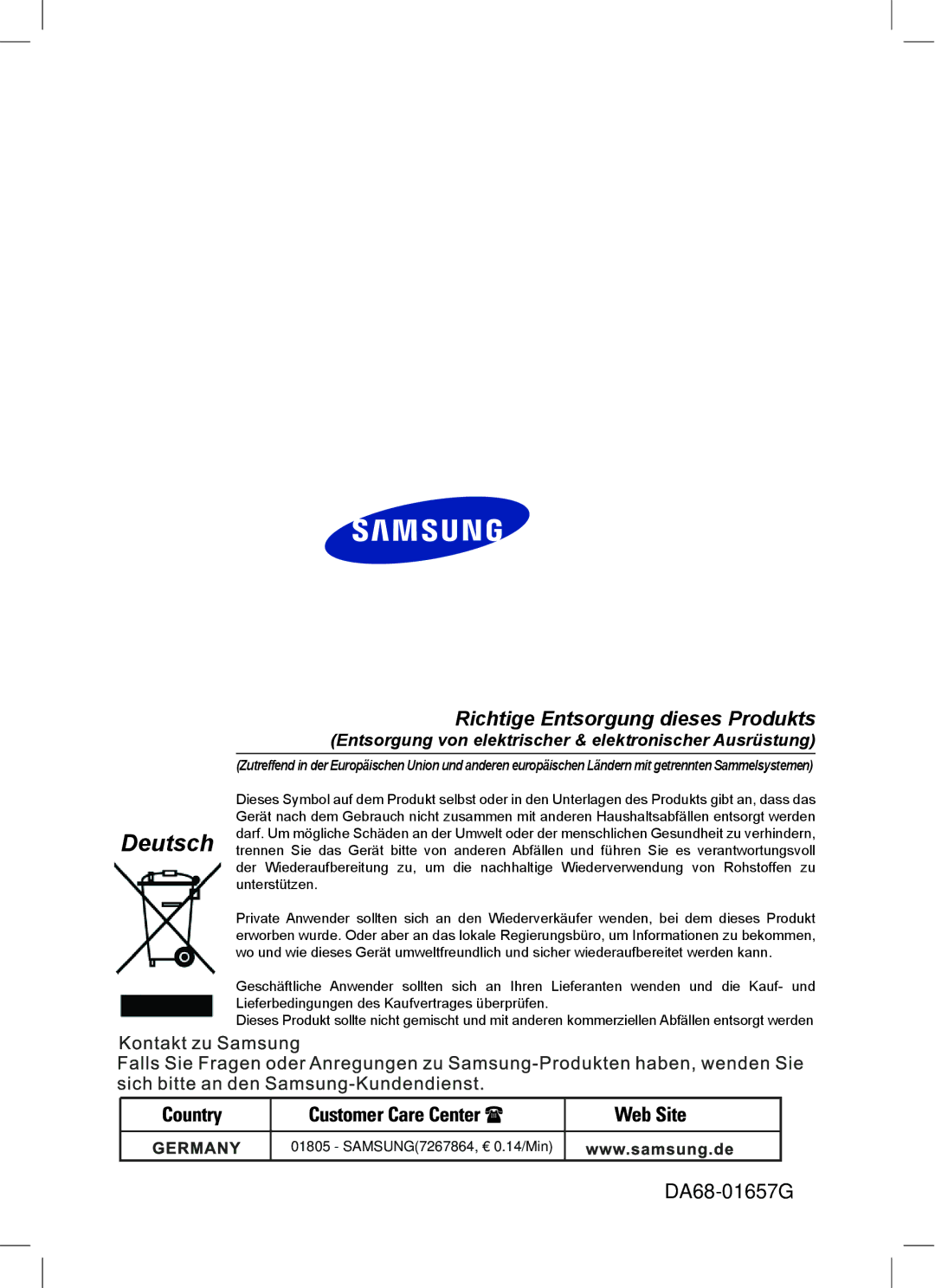 Samsung RL24FCAS1/XEG, RL24FCSW1/XEG manual Richtige Entsorgung dieses Produkts 