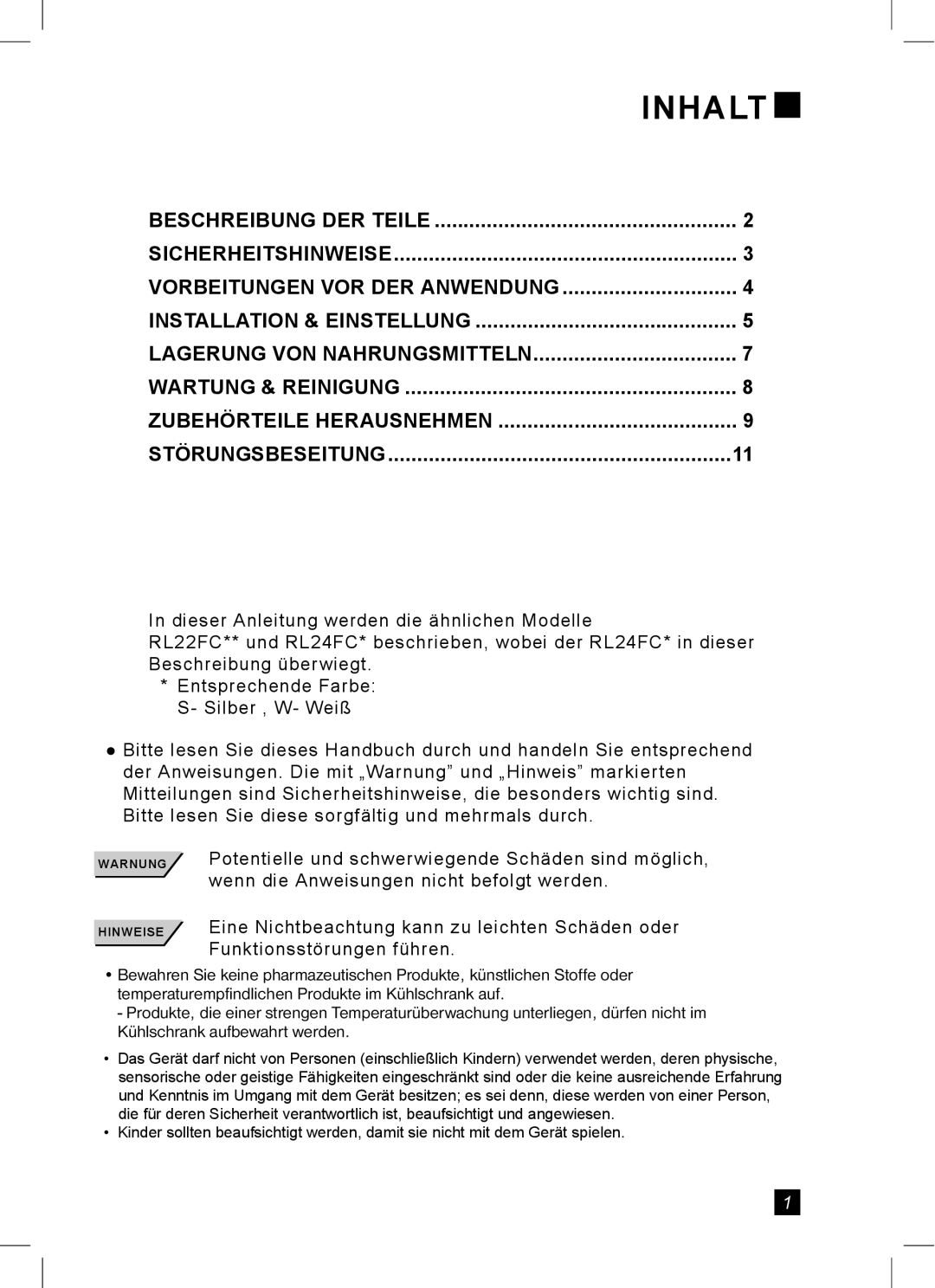 Samsung RL24FCAS1/XEG, RL24FCSW1/XEG manual Inhalt, Zubehörteile Herausnehmen Störungsbeseitung 