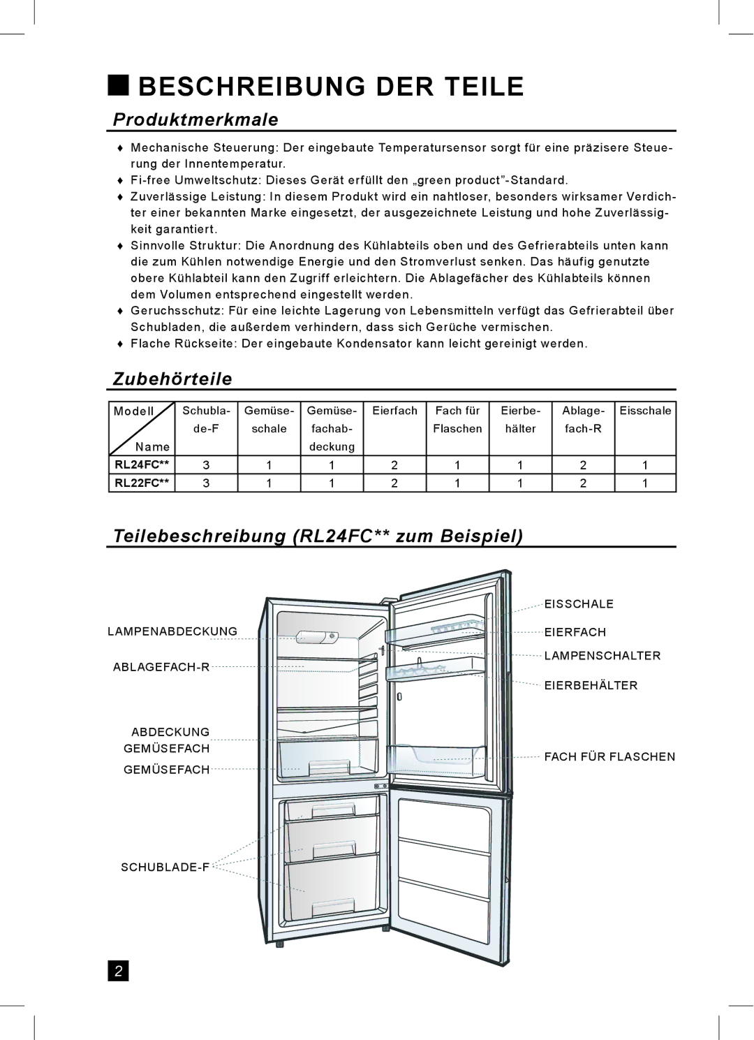 Samsung RL24FCSW1/XEG manual Beschreibung DER Teile, Produktmerkmale, Zubehörteile, Teilebeschreibung RL24FC** zum Beispiel 