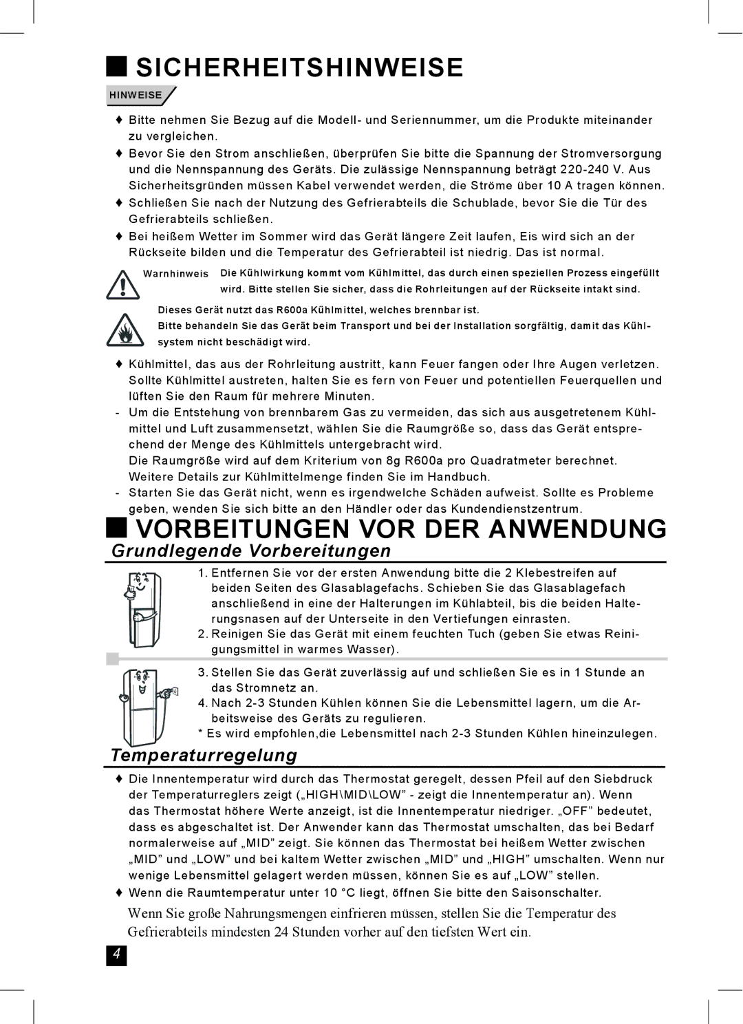 Samsung RL24FCSW1/XEG, RL24FCAS1/XEG manual Vorbeitungen VOR DER Anwendung, Grundlegende Vorbereitungen, Temperaturregelung 