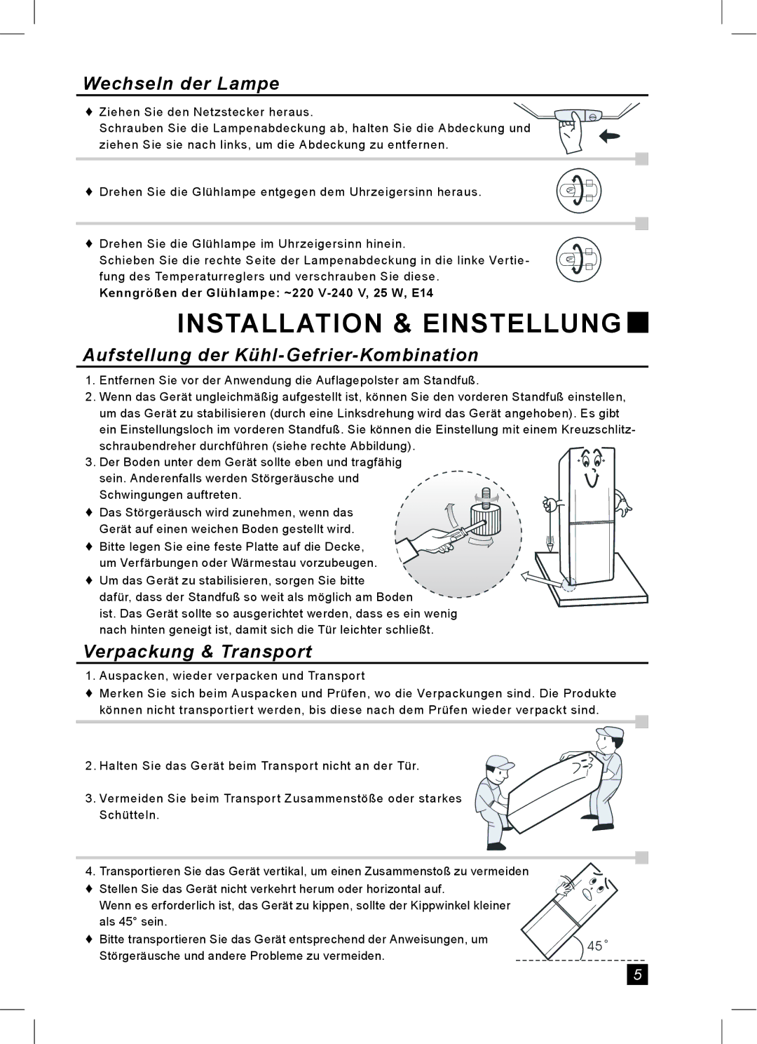 Samsung RL24FCAS1/XEG manual Installation & Einstellung, Wechseln der Lampe, Aufstellung der Kühl-Gefrier-Kombination 