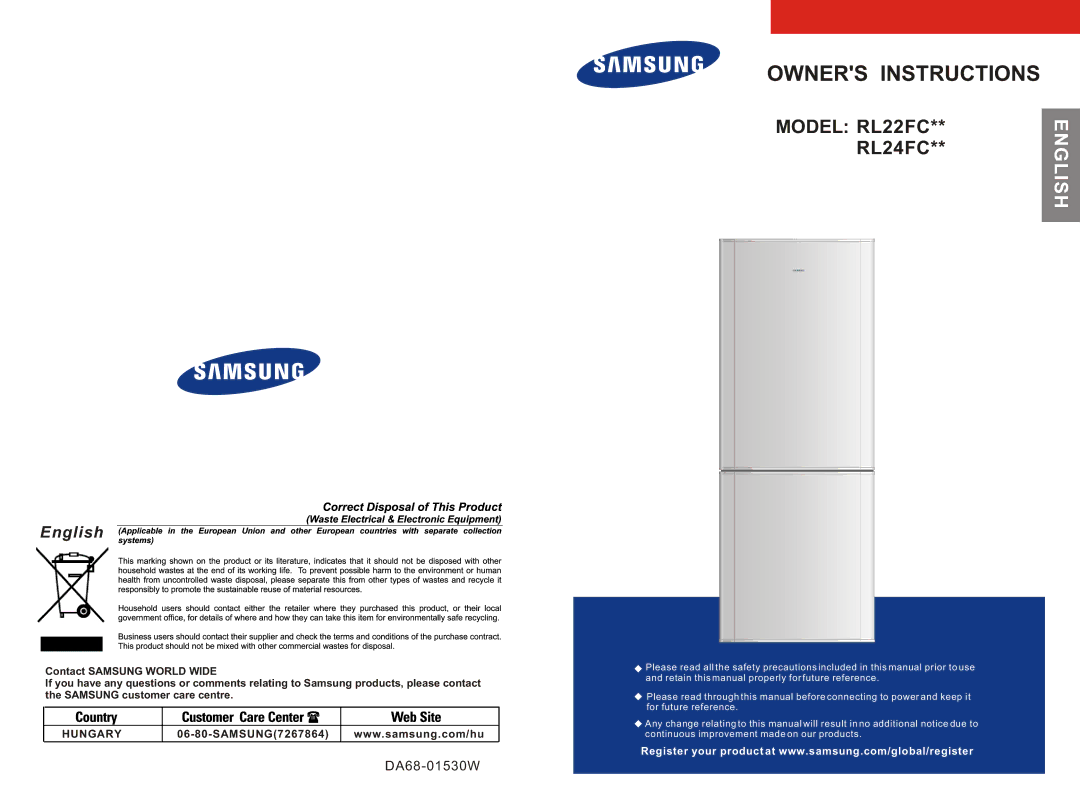 Samsung RL24FCSW1/XEH manual Owners Instructions, English 