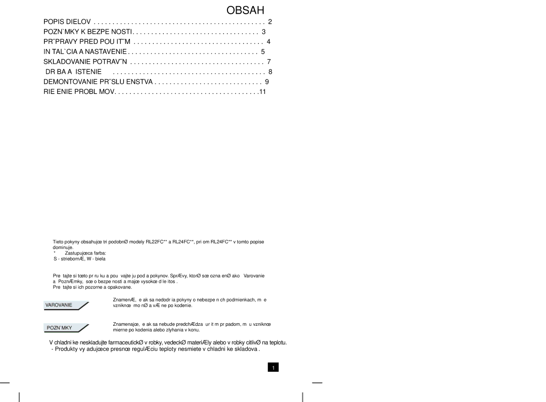 Samsung RL24FCSW1/XEH manual Obsah, Varovanie Poznámky 