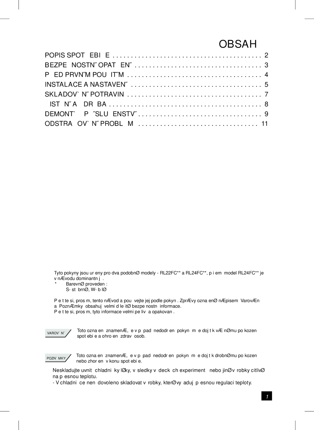 Samsung RL24FCSW1/XEH manual Obsah  