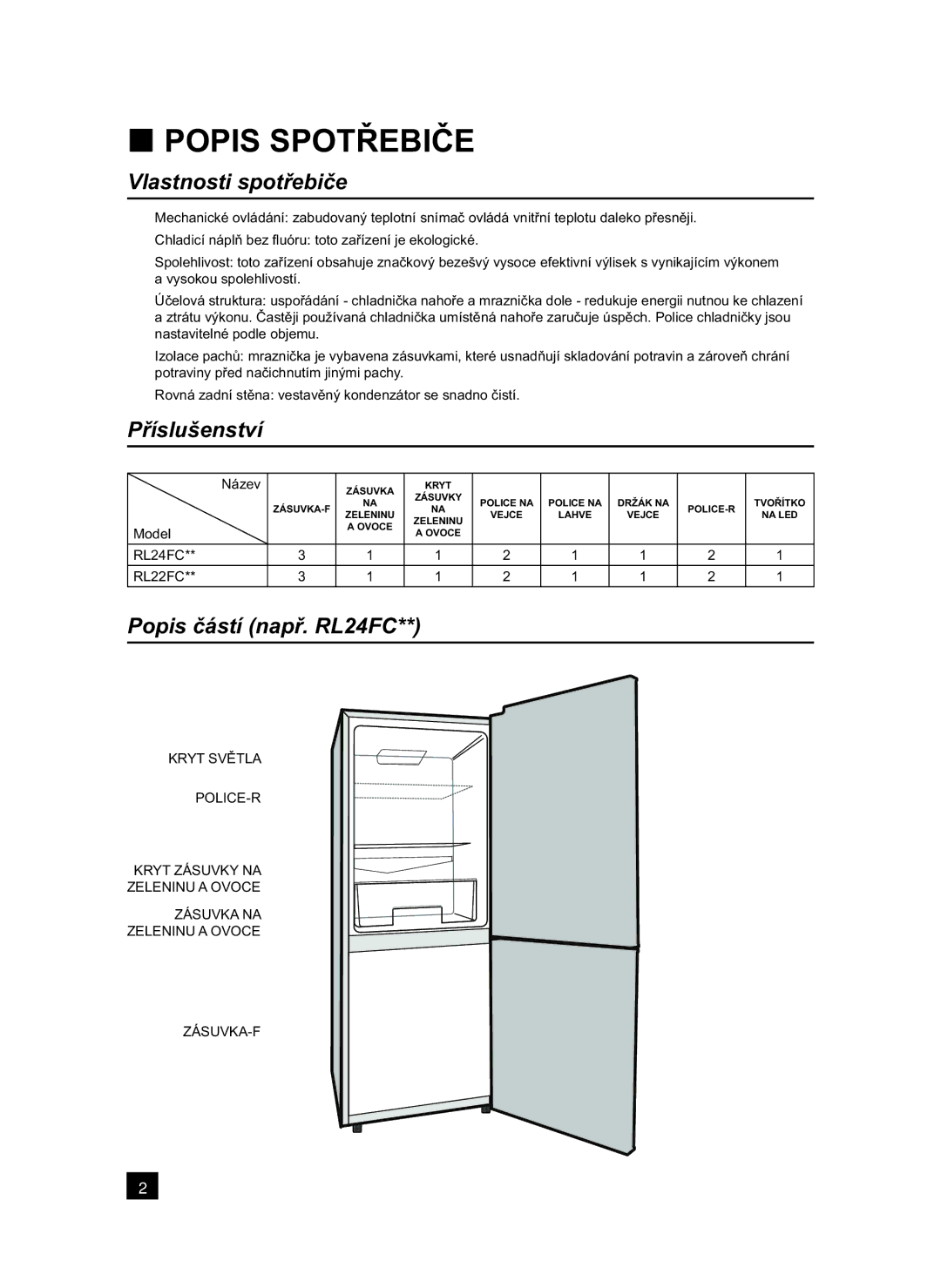 Samsung RL24FCSW1/XEH manual Popis Spotřebiče, Vlastnosti spotřebiče, Příslušenství, Popis částí např. RL24FC 