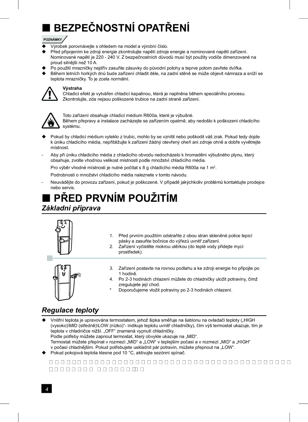 Samsung RL24FCSW1/XEH manual Před Prvním Použitím, Základní příprava, Regulace teploty 