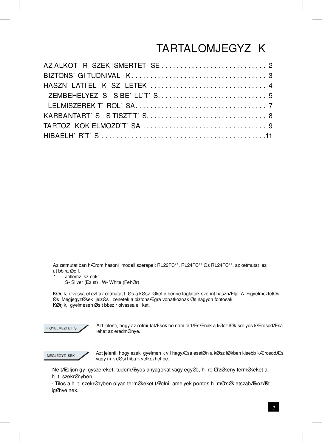 Samsung RL24FCSW1/XEH manual Tartalomjegyzék 