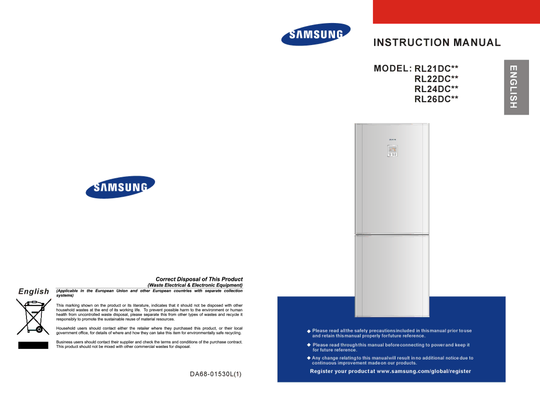 Samsung RL26DCAS1/BUL, RL26DCAS1/XAG, RL26DCAS1/XEH manual English 