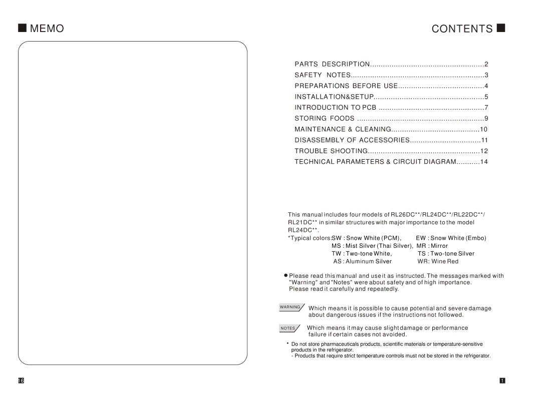 Samsung RL26DCAS1/XEH, RL26DCAS1/XAG, RL26DCAS1/BUL manual Memo Contents 