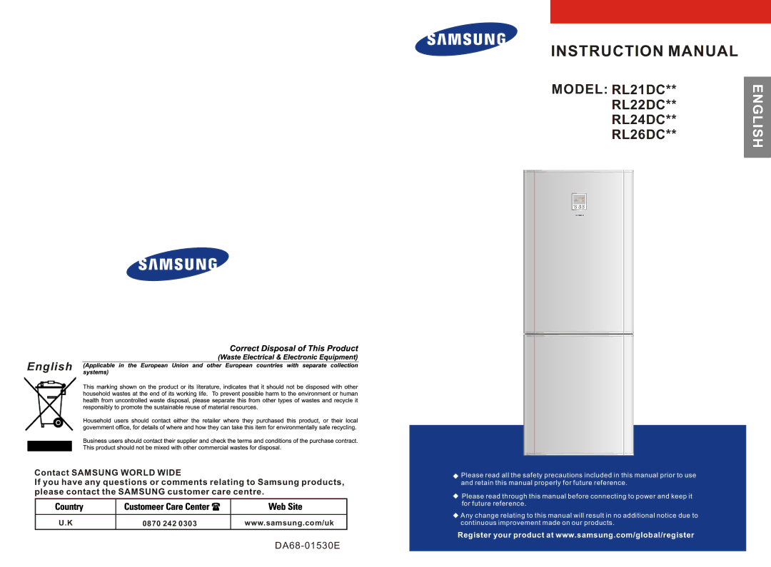 Samsung RL26DCAS1/BUL, RL26DCAS1/XAG, RL26DCSW1/BUL, RL26DCAS1/XEH, RL26DCAS1/XEO, RL26DCAS1/XEK, RL24DCSW1/XEK manual English 