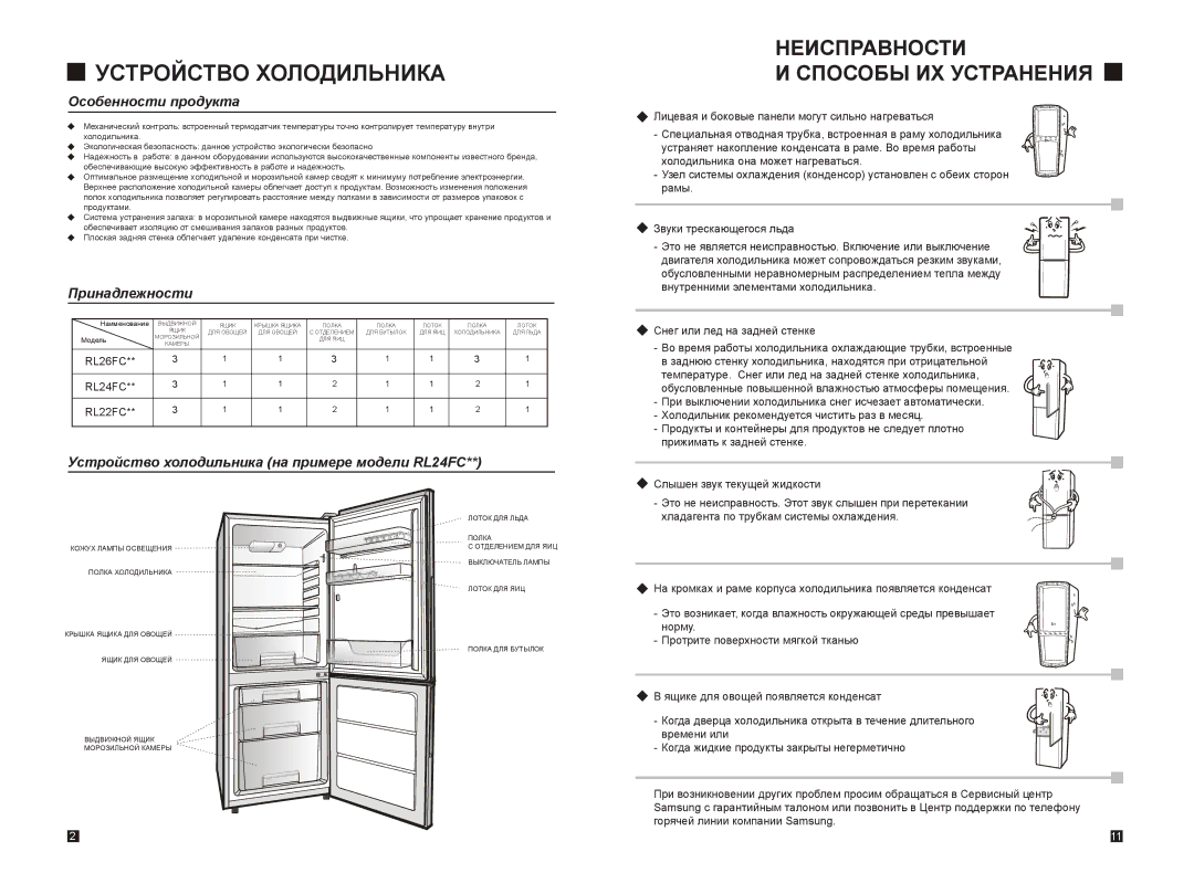 Samsung RL26FCAS1/BWT Устройство Холодильника, Неисправности Способы ИХ Устранения, Особенности продукта, Принадлежности 